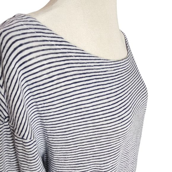 Adrienne Vittadini Women's 2X Linen 3/4 Sleeve Navy Blue and White Striped Top - Picture 4 of 8